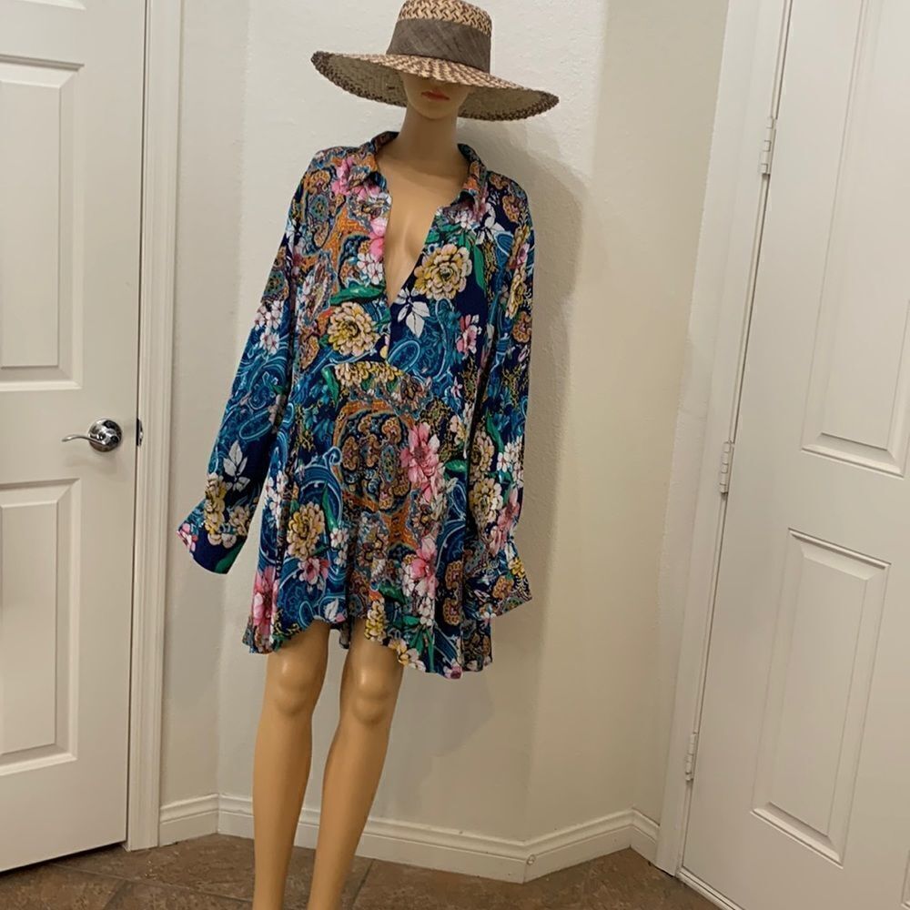 Roman’s 34 W Blouse Tunic Mini Dress Floral Print Multi Color Long Sleeved New